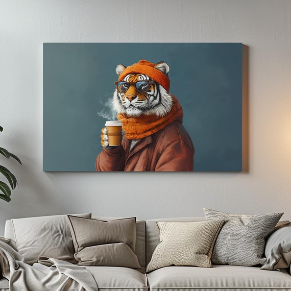 Hipster Coffee Tiger Maximalist Eclectic Victorian Print Bold Altered Party Portrait Fantasy Fun Colorful Renaissance Rustic Art