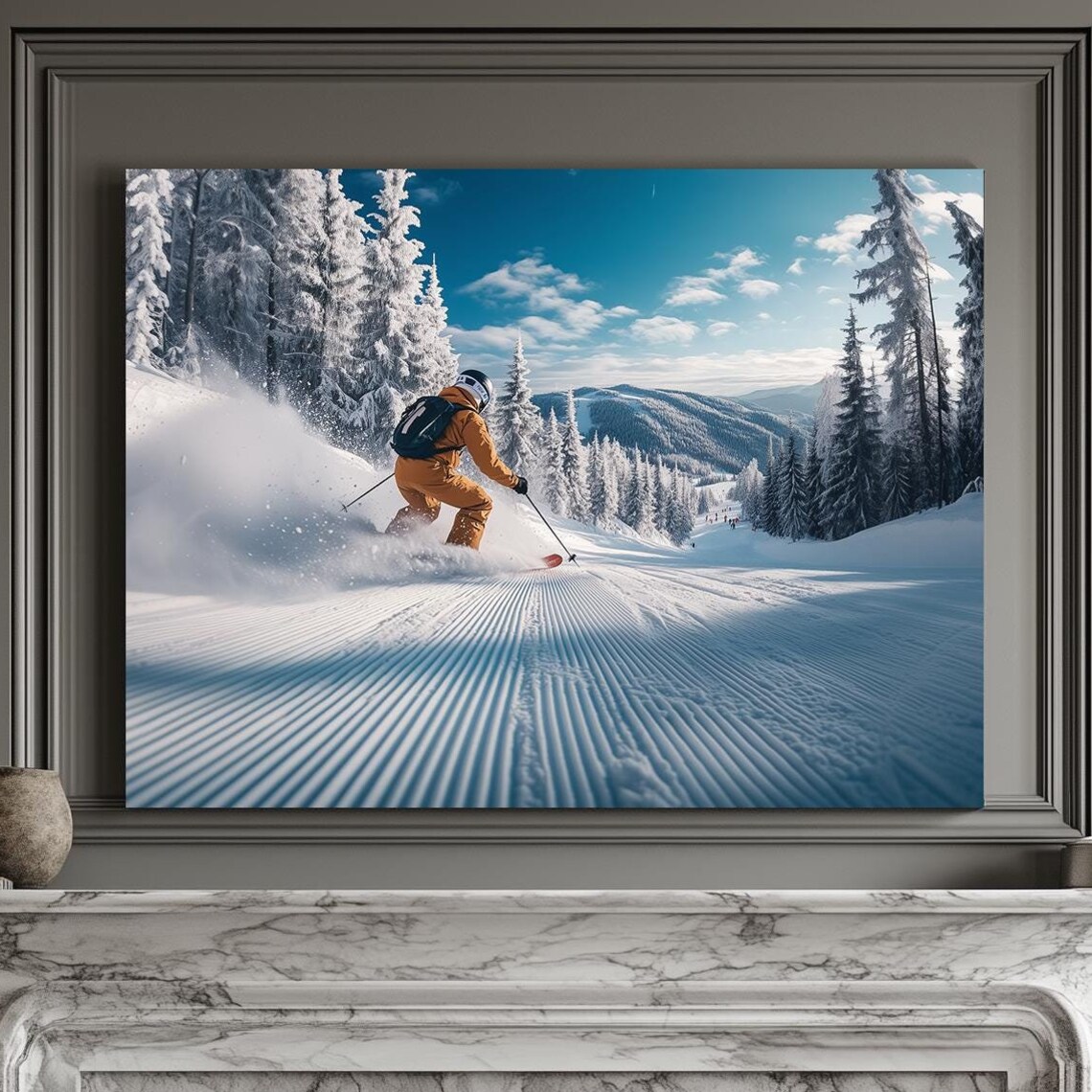Powder Spray From Skier Racing Down Snowy Mountain Slope Blue Sky Poster