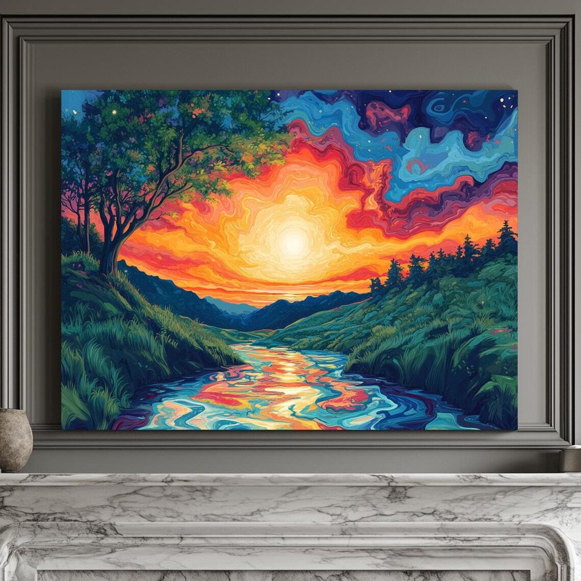 Swirling Psychedelic Sunrise Reflected in River Valley Art Print