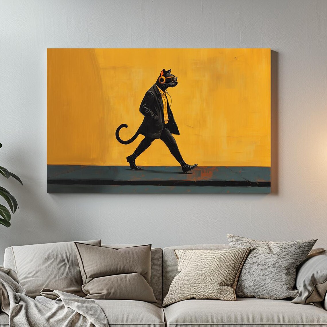 Stylish Black Cat Trench Coat Walking Golden Yellow Animal Portrait Poster