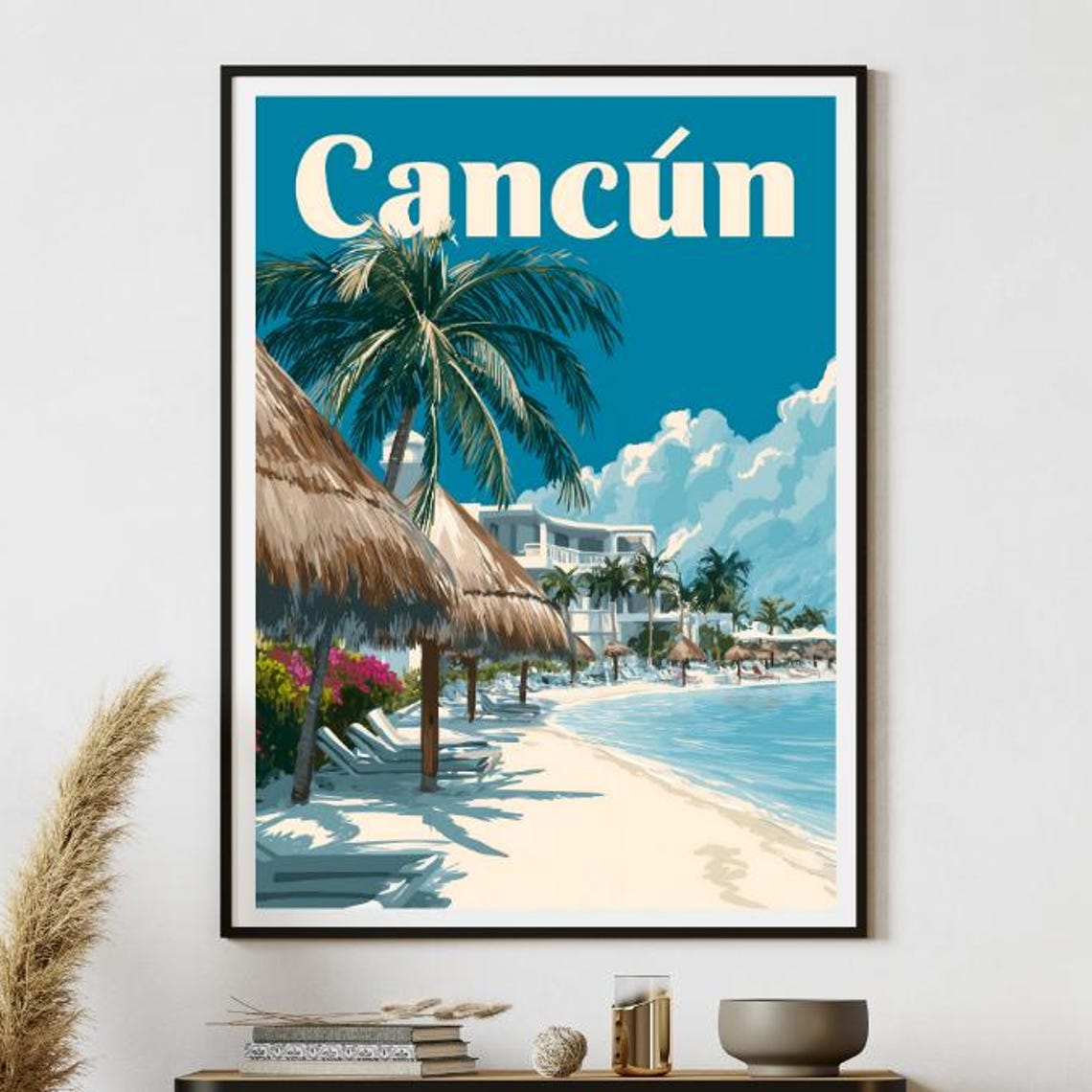 Cancun Mexico Vintage Travel Poster Retro Beach Palms Resort Art
