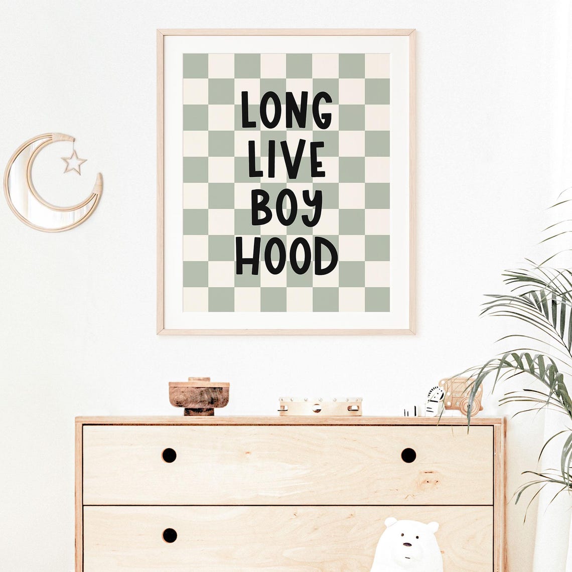Long Live Boyhood Sage Green Checkerboard Trendy Boys Room Wall Art - Image 4