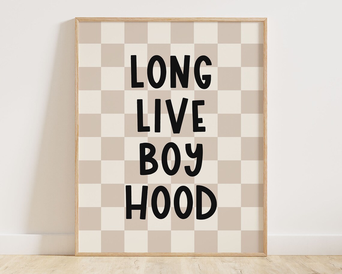 Long Live Boyhood Beige Checkerboard Retro Toddler Boy Room Wall Art - Image 3