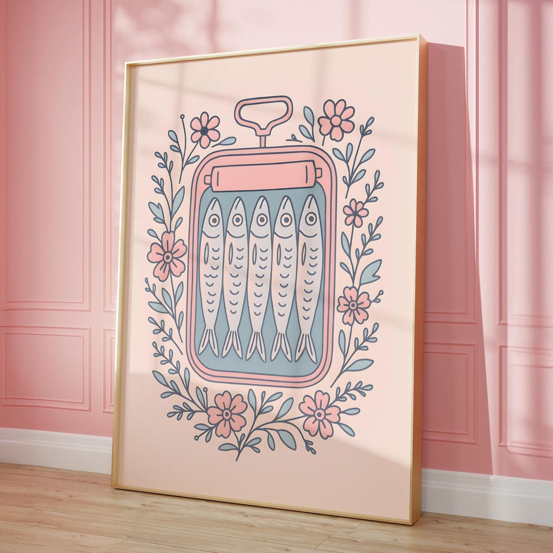 Cute Pink Sardine Tin Poster Pastel Floral Kitchen Fish Decor