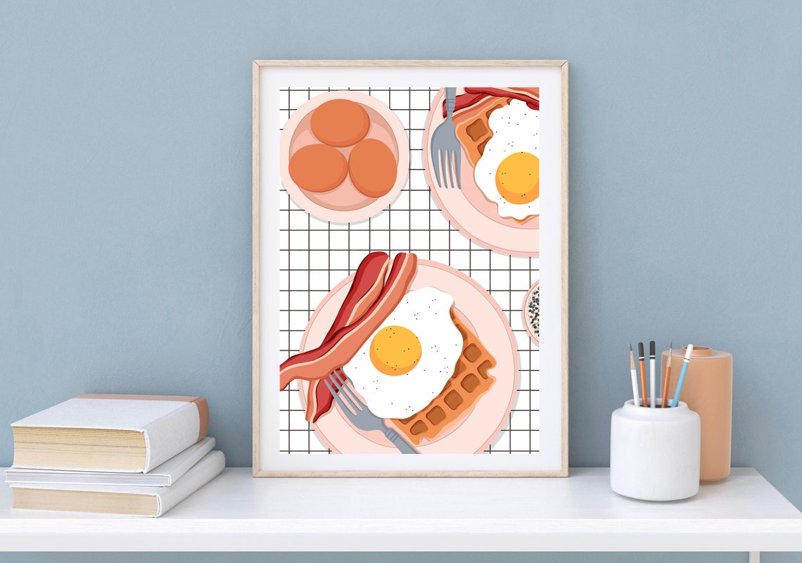 Fried Egg Bacon Waffle Breakfast Art Print on Gingham Background - Image 3