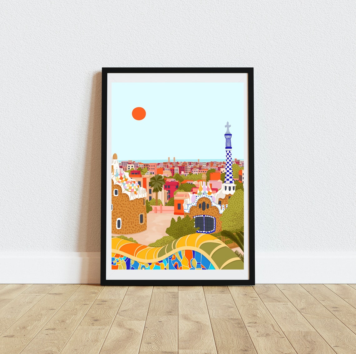 Barcelona Park Guell Gaudi Colourful Cityscape Travel Art Print - Image 4