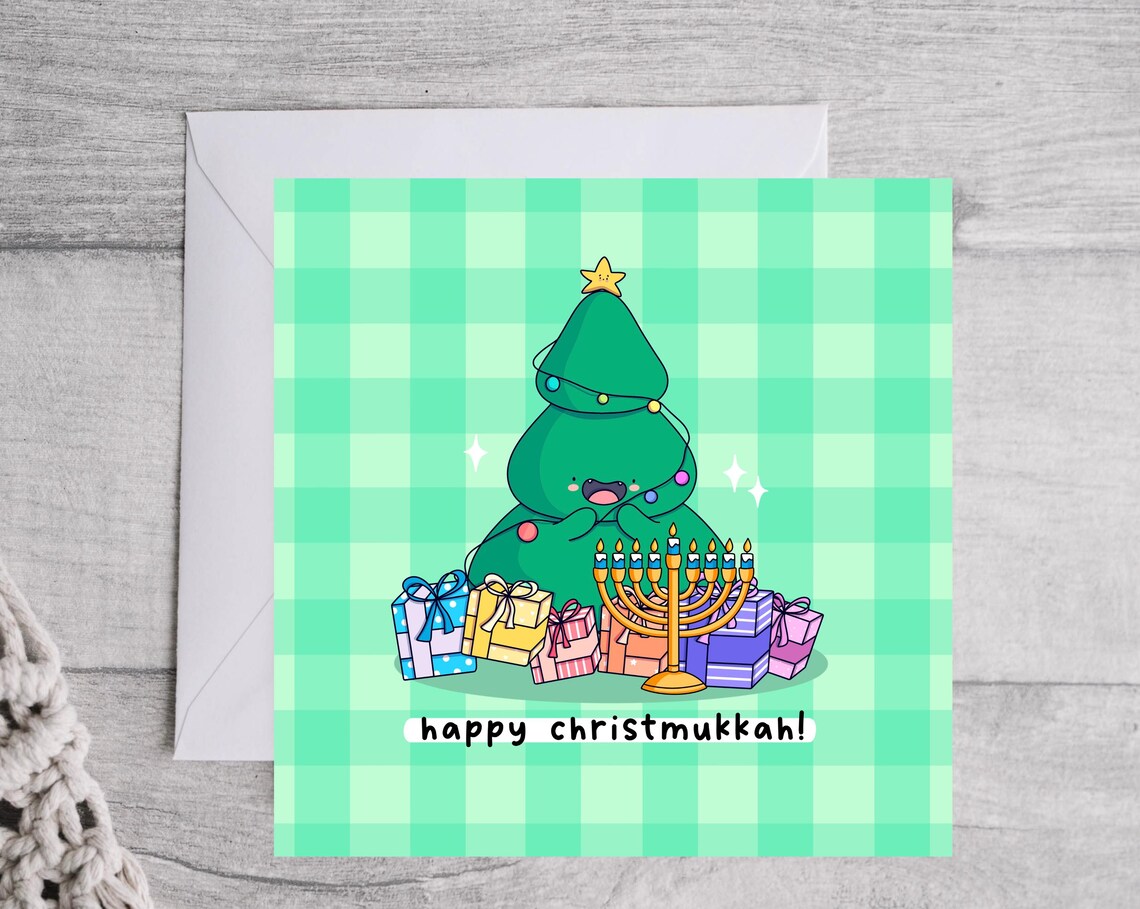 Kawaii Christmukkah Poster with Christmas Tree Menorah and Gifts - Image 3