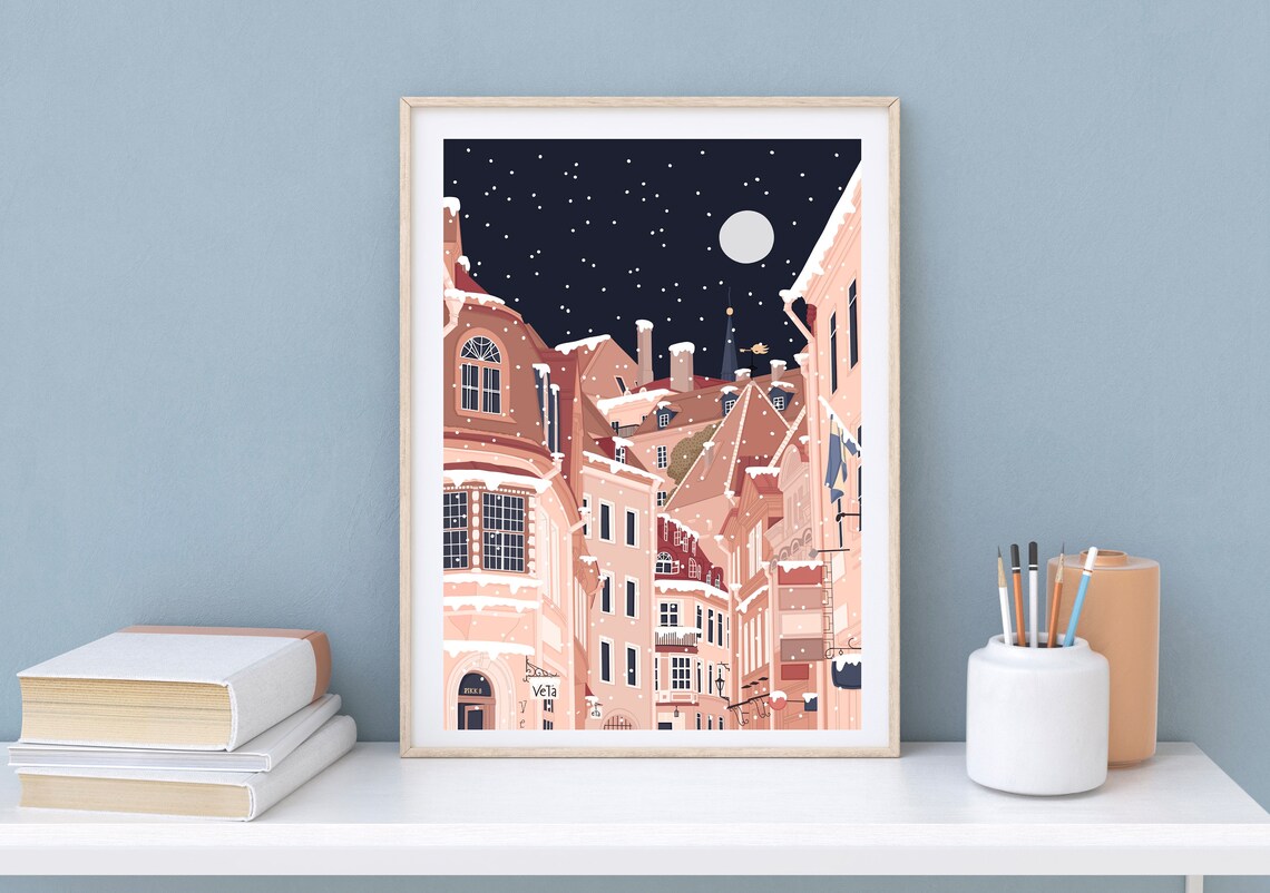 Tallinn Estonia Snowy Winter Night Old Town Street Scene Art Print - Image 2