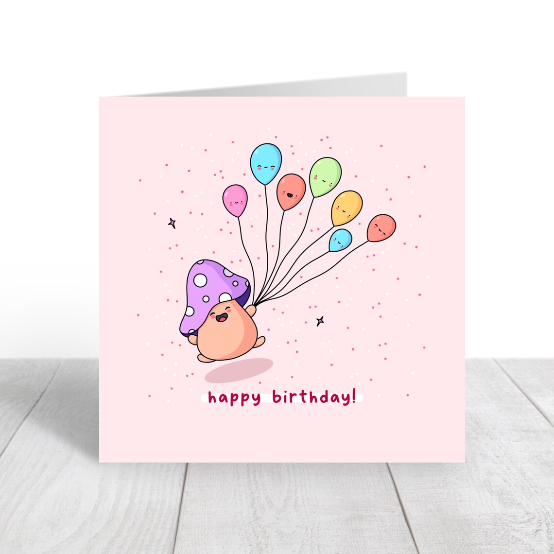 Kawaii Mushroom Holding Balloons Happy Birthday Pink Art Print - Image 3