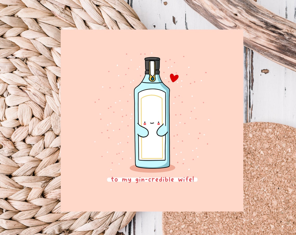 To My Gin-credible Wife Cute Smiling Gin Bottle Pun Card Poster - Image 3