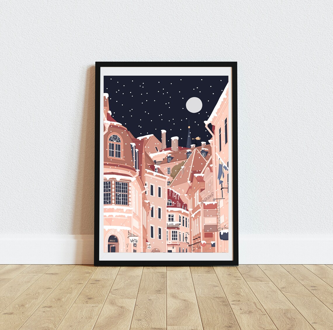 Tallinn Estonia Snowy Winter Night Old Town Street Scene Art Print - Image 4