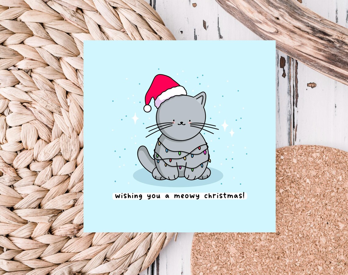 Wishing You A Meowy Christmas Kawaii Grey Cat Santa Hat Poster - Image 4