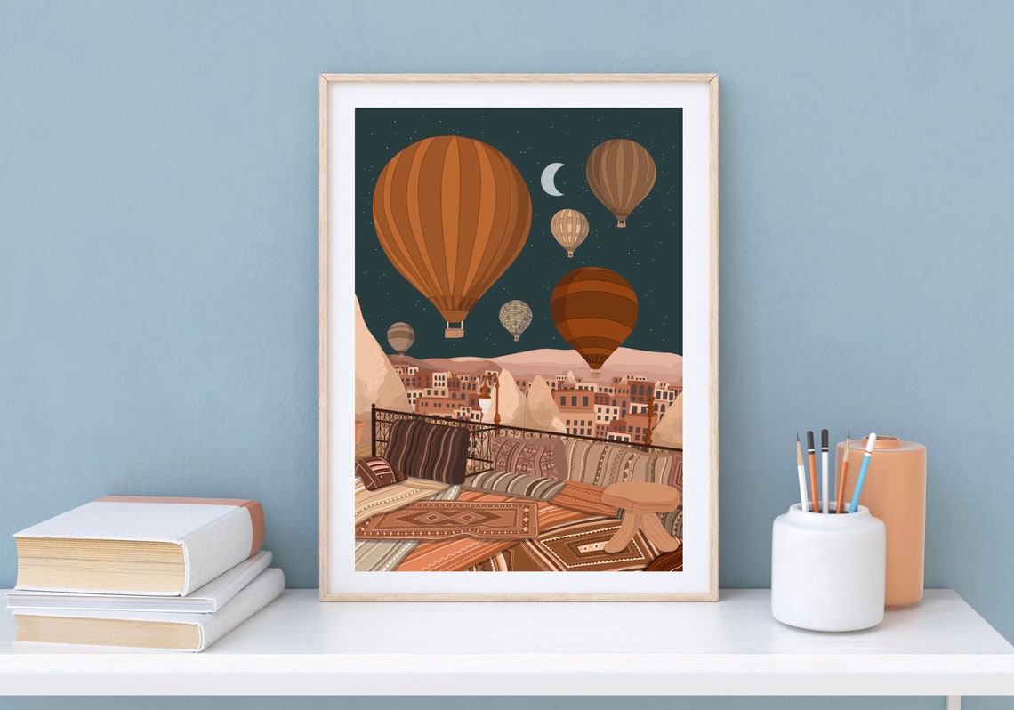 Cappadocia Turkey Hot Air Balloons Night Sky Rooftop Art Print - Image 2