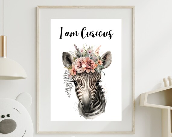 I Am Curious Zebra Flower Crown Nursery Watercolor Art Print