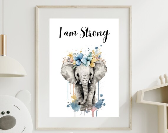 I Am Strong Elephant Flower Crown Nursery Watercolor Art Print