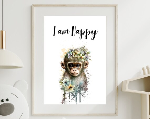 I Am Happy Monkey Watercolor Flower Crown Nursery Kids Poster