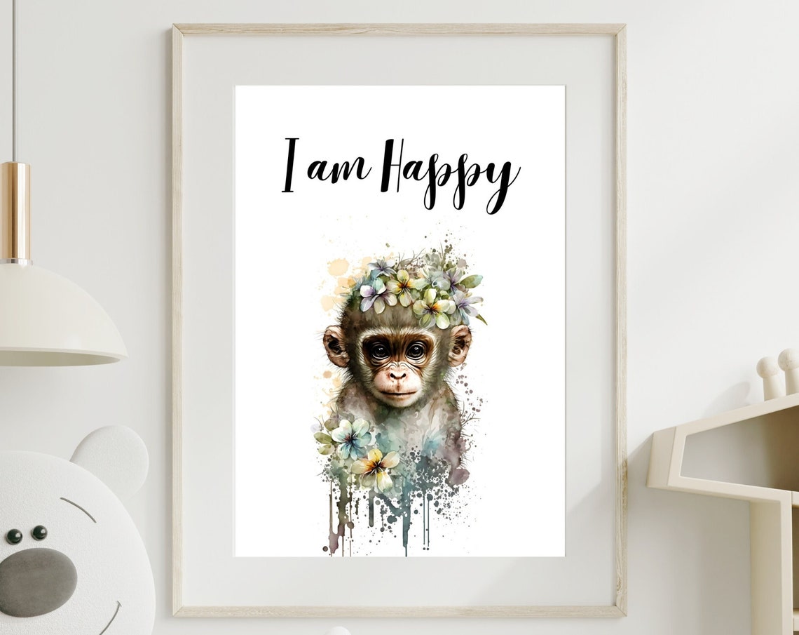 I Am Happy Monkey Watercolor Flower Crown Nursery Kids Poster