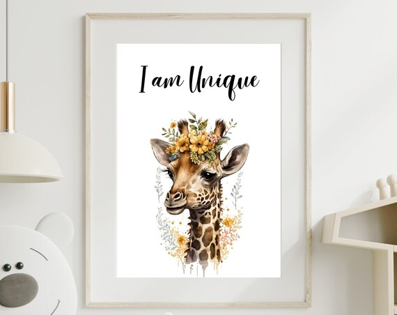 I Am Unique Giraffe Watercolor Flower Crown Nursery Kids Poster
