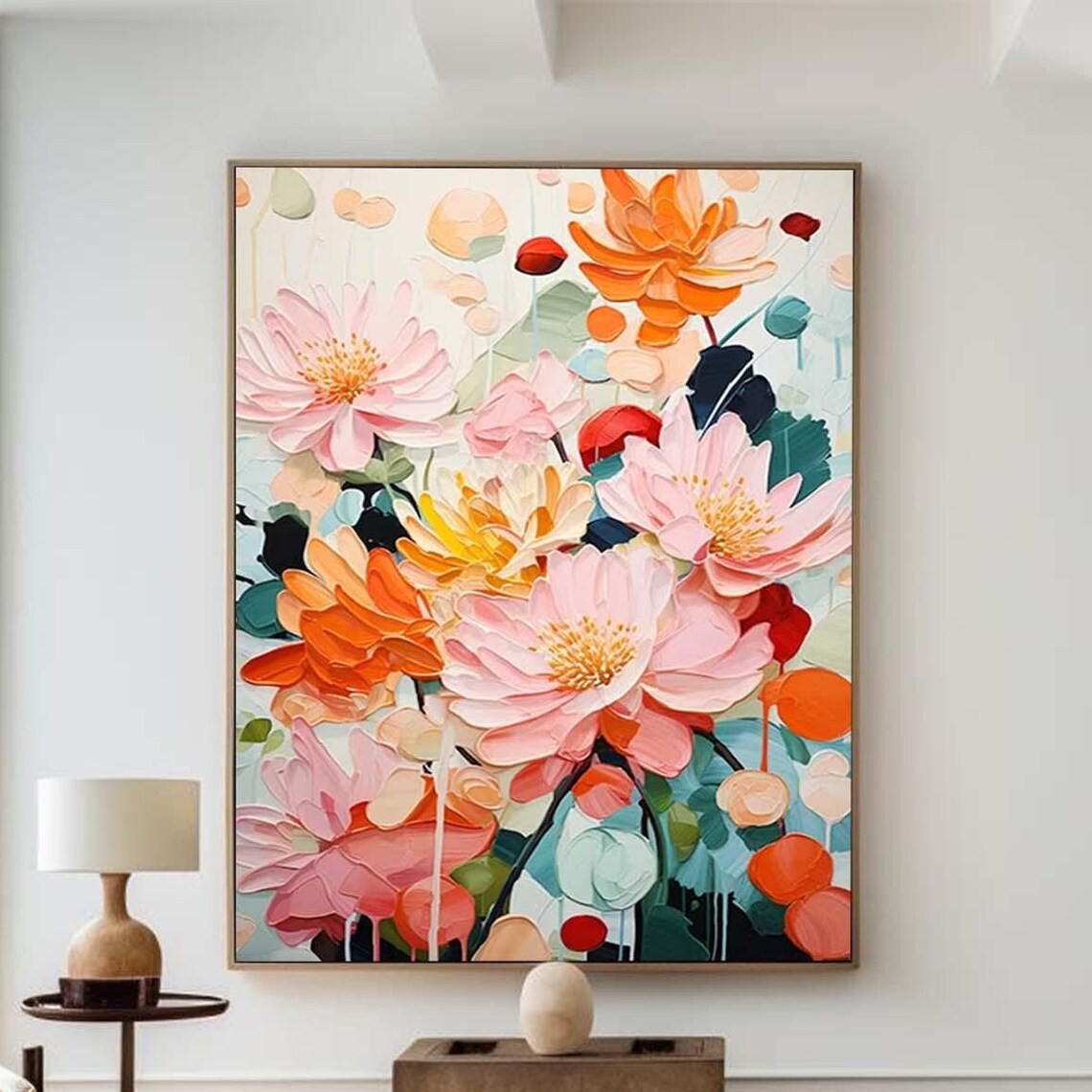 Pink Orange Floral Painting Abstract Blossom Texture Vertical Wall Art