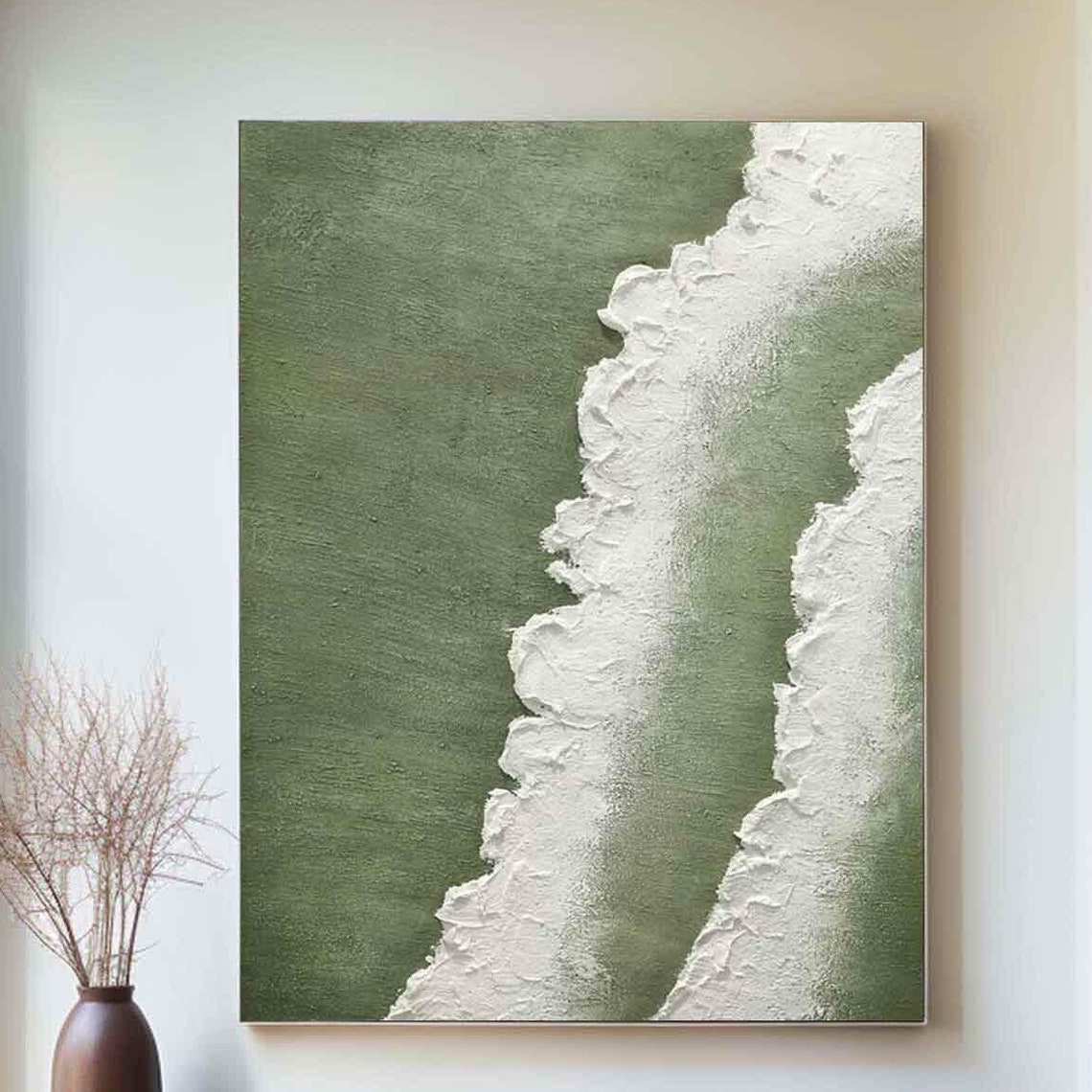 Sage Green Ocean Wave Texture Painting White Foam Minimalist Wall Art