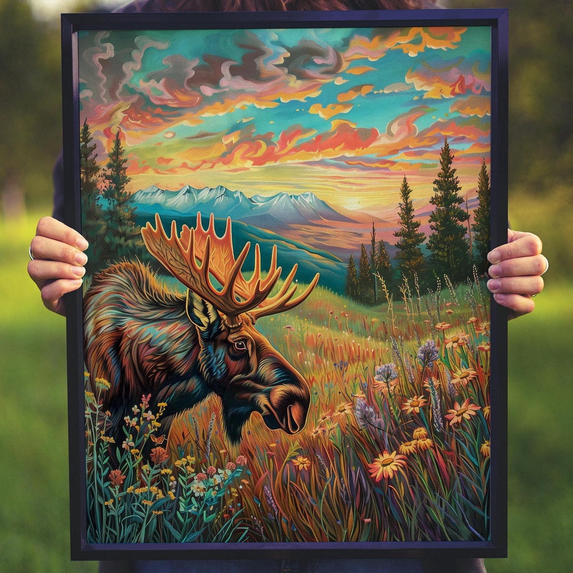 Moose in Wildflower Meadow Colorful Sunset Mountain View Poster