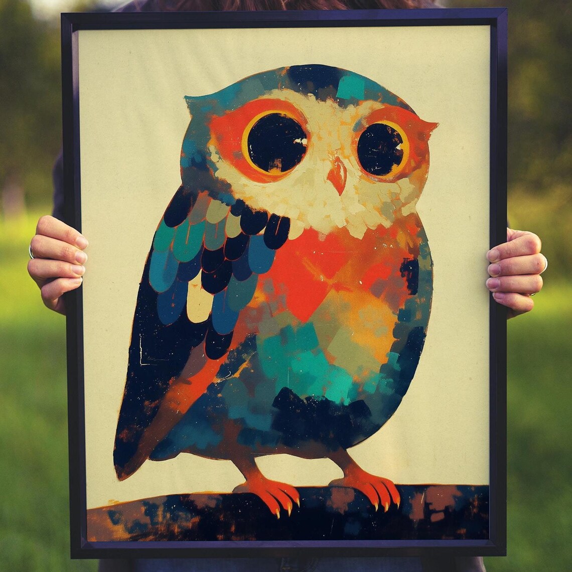 Cute Stylized Owl With Big Round Eyes in Teal and Orange Tones Poster