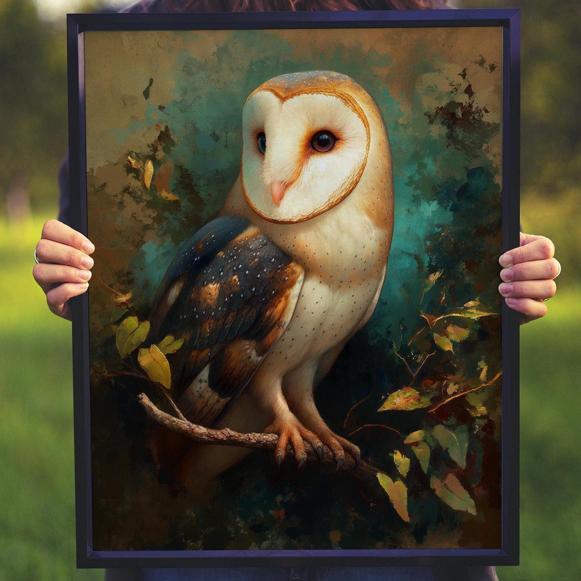 Barn Owl Perched on a Branch in Moody Forest Green Tones Poster