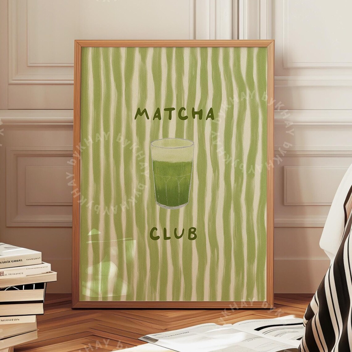 Matcha Club Green Striped Glass Illustration Kitchen Drink Poster