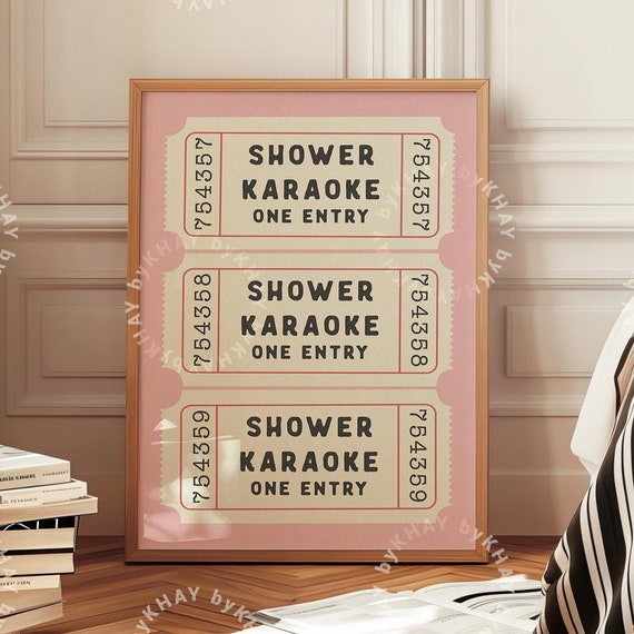 Shower Karaoke Ticket Print, Retro Cream Bathroom Decor