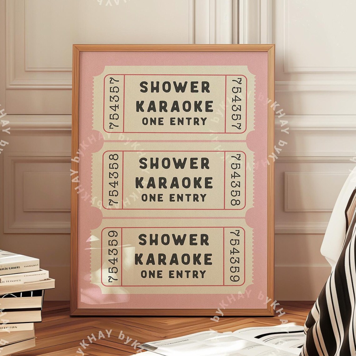 Shower Karaoke Ticket Print, Retro Cream Bathroom Decor