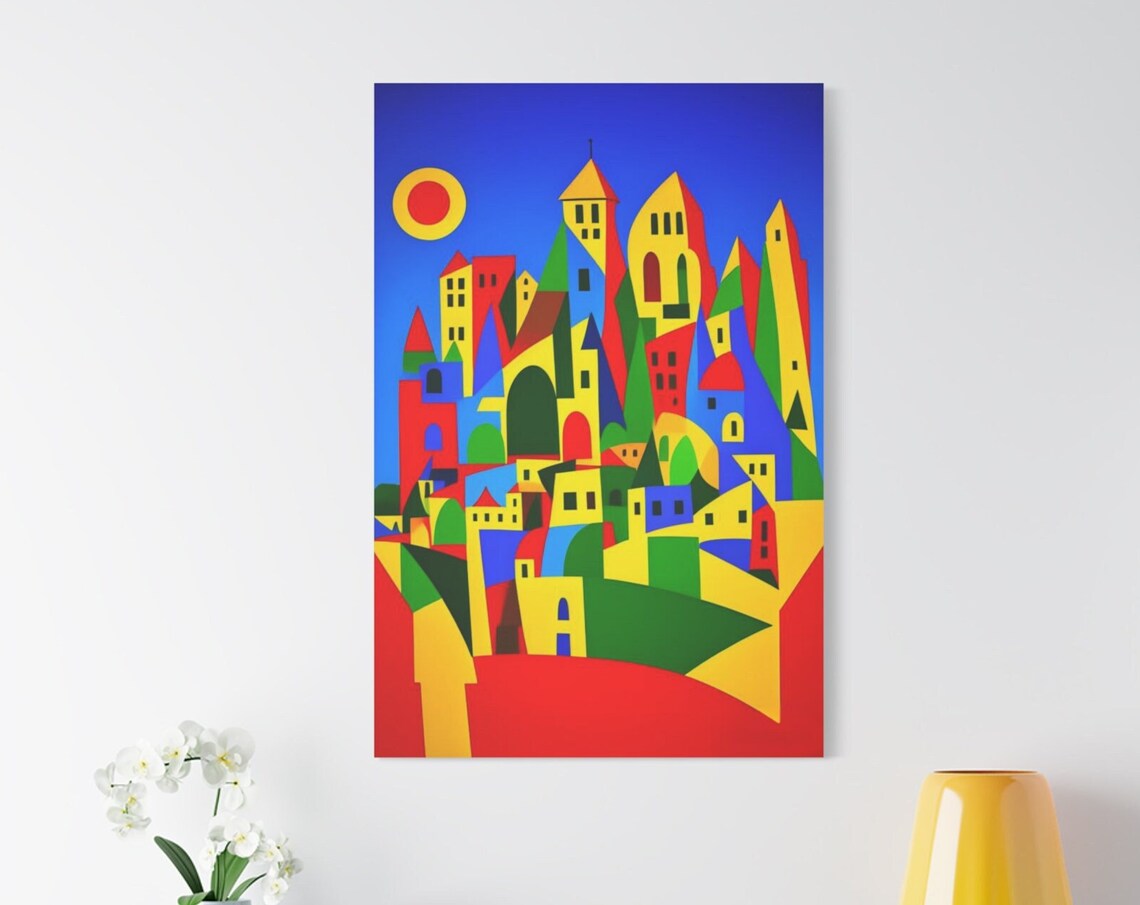 Colorful Geometric Abstract City Buildings Red Sun Art Wall Poster