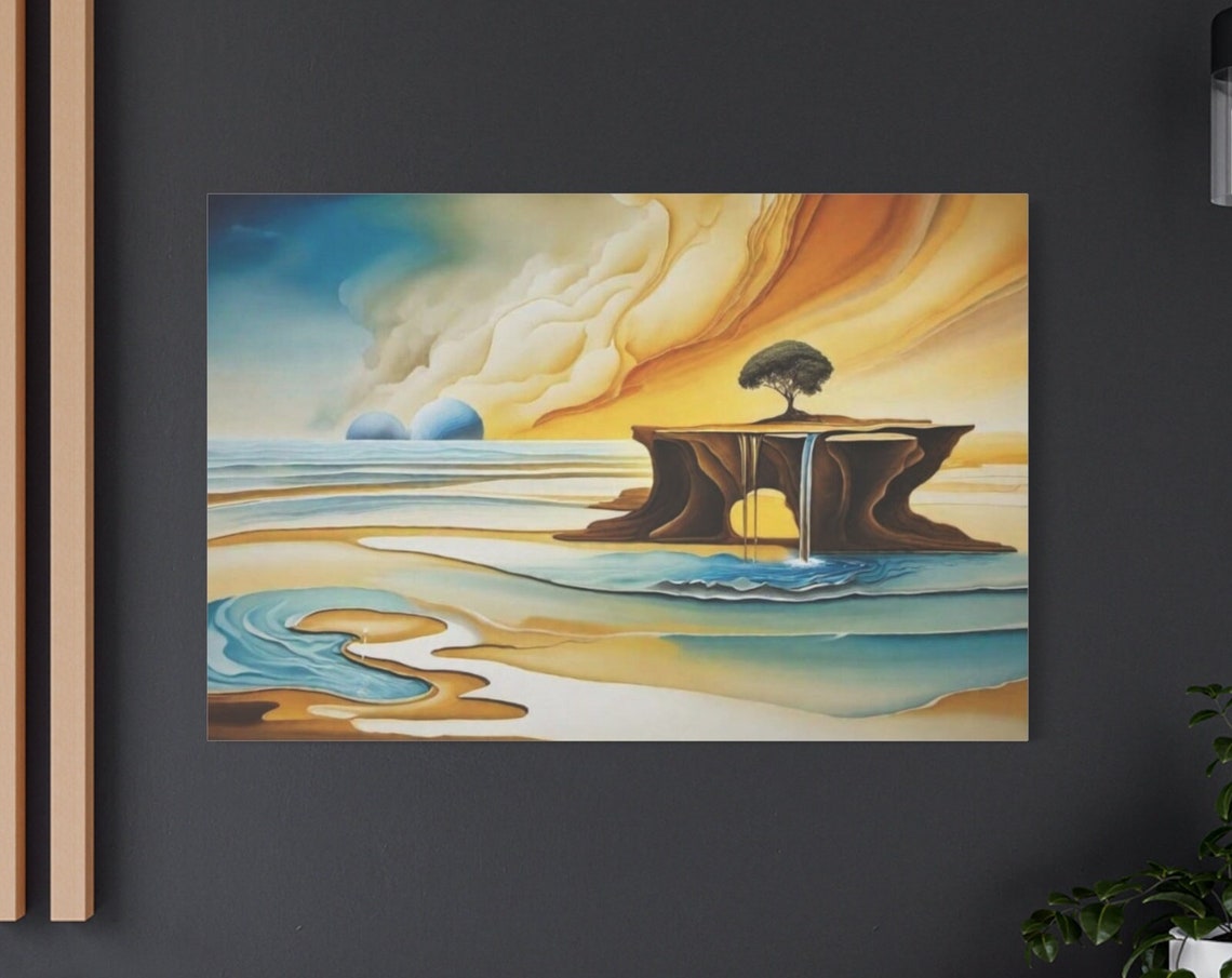 Surreal Floating Cliff Tree Waterfall Ocean Golden Dreamscape Poster