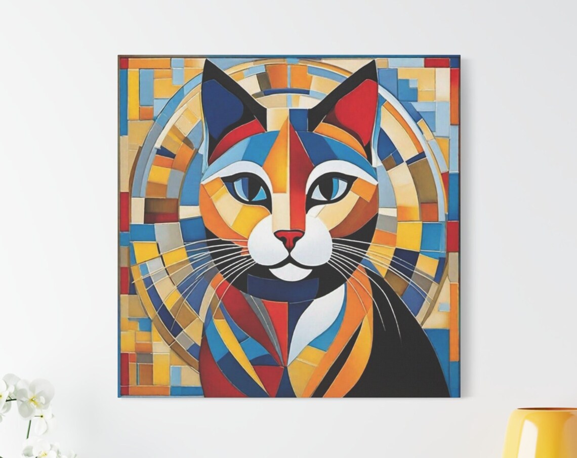 Geometric Cubism Cat Portrait Stained Glass Mosaic Colorful Art Poster
