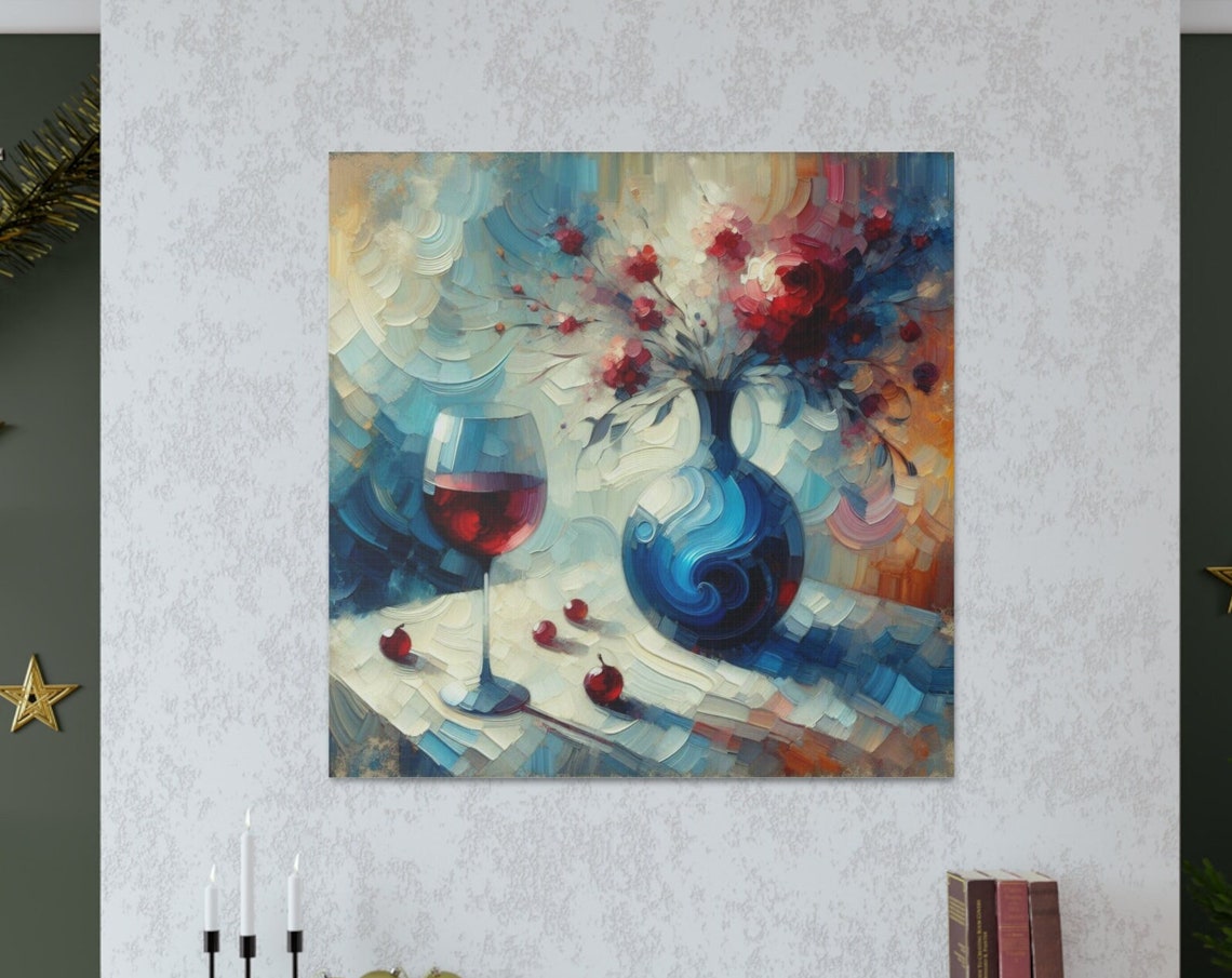 Wine Glass Blue Vase Red Flowers Impasto Kitchen Decor Poster