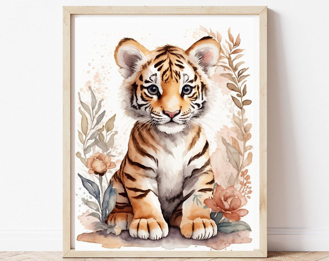 Cute Baby Tiger Cub Floral Watercolor Nursery Animal Art Poster