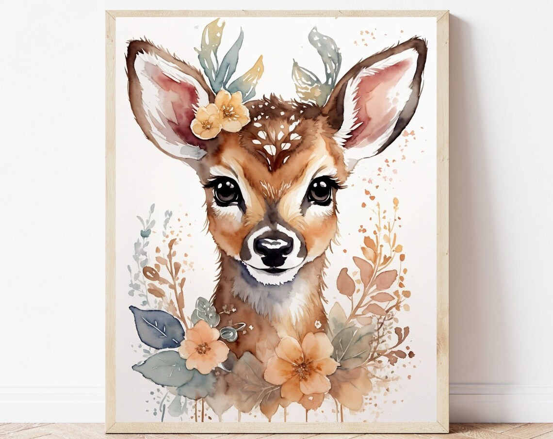 Cute Baby Deer Fawn Floral Watercolor Nursery Animal Art Poster