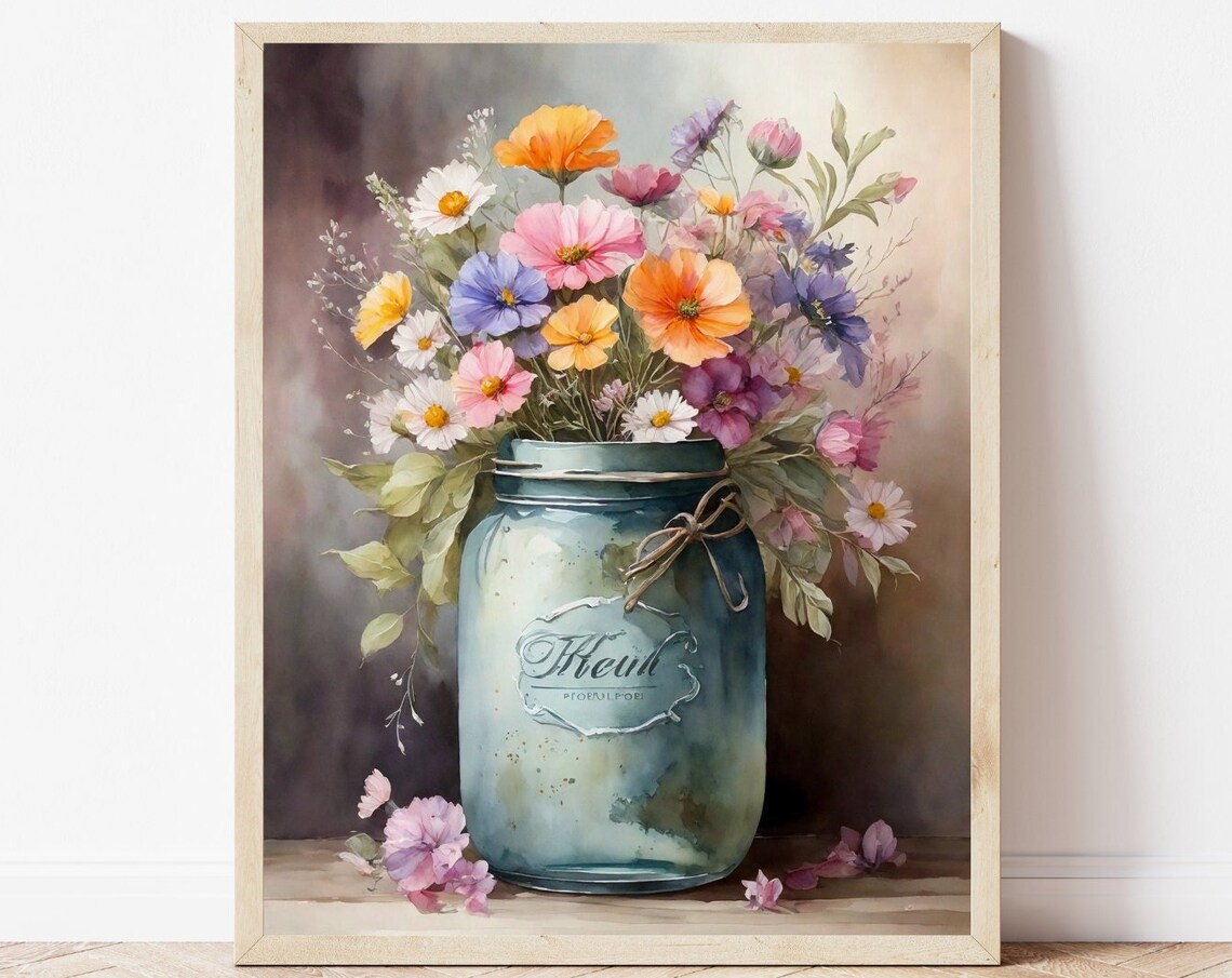 Wildflower Bouquet Blue Mason Jar Floral Watercolor Art Poster