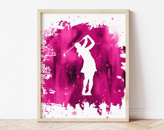 Woman Golfer Swing Silhouette Hot Pink Paint Splash Sports Poster