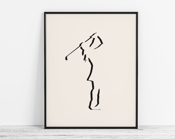 Minimalist Female Golfer Swing Line Art Beige Black Wall Poster