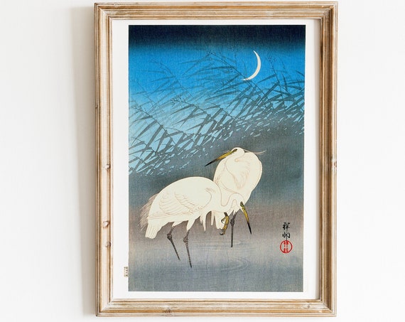 Egrets Crescent Moon Japanese Wall Art Vintage Woodblock Print Bird Lover Gift Jp3