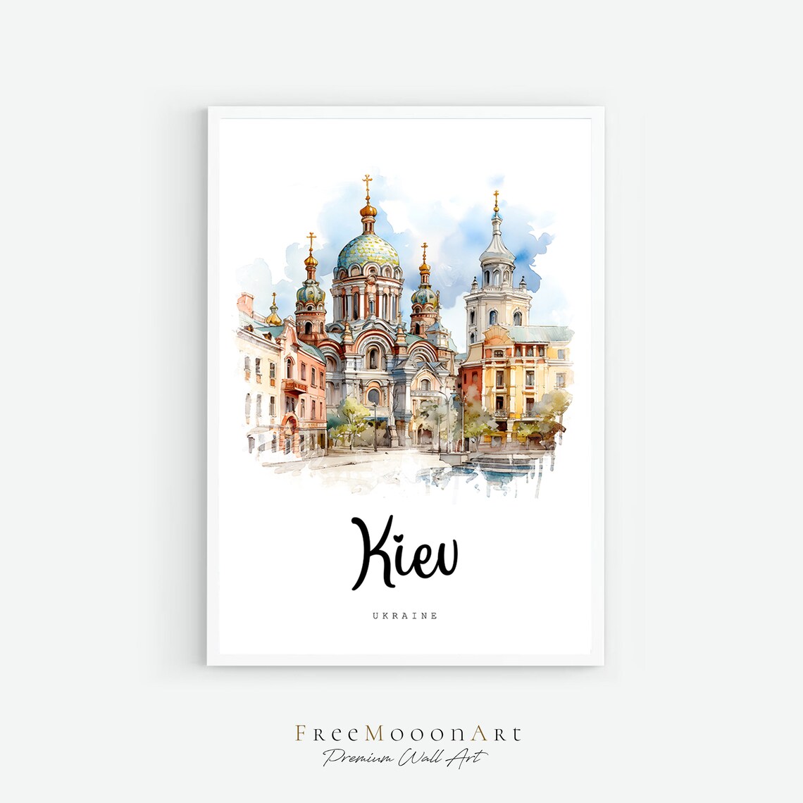 Kiev Ukraine Golden Domes Watercolor Travel Poster Church Scene