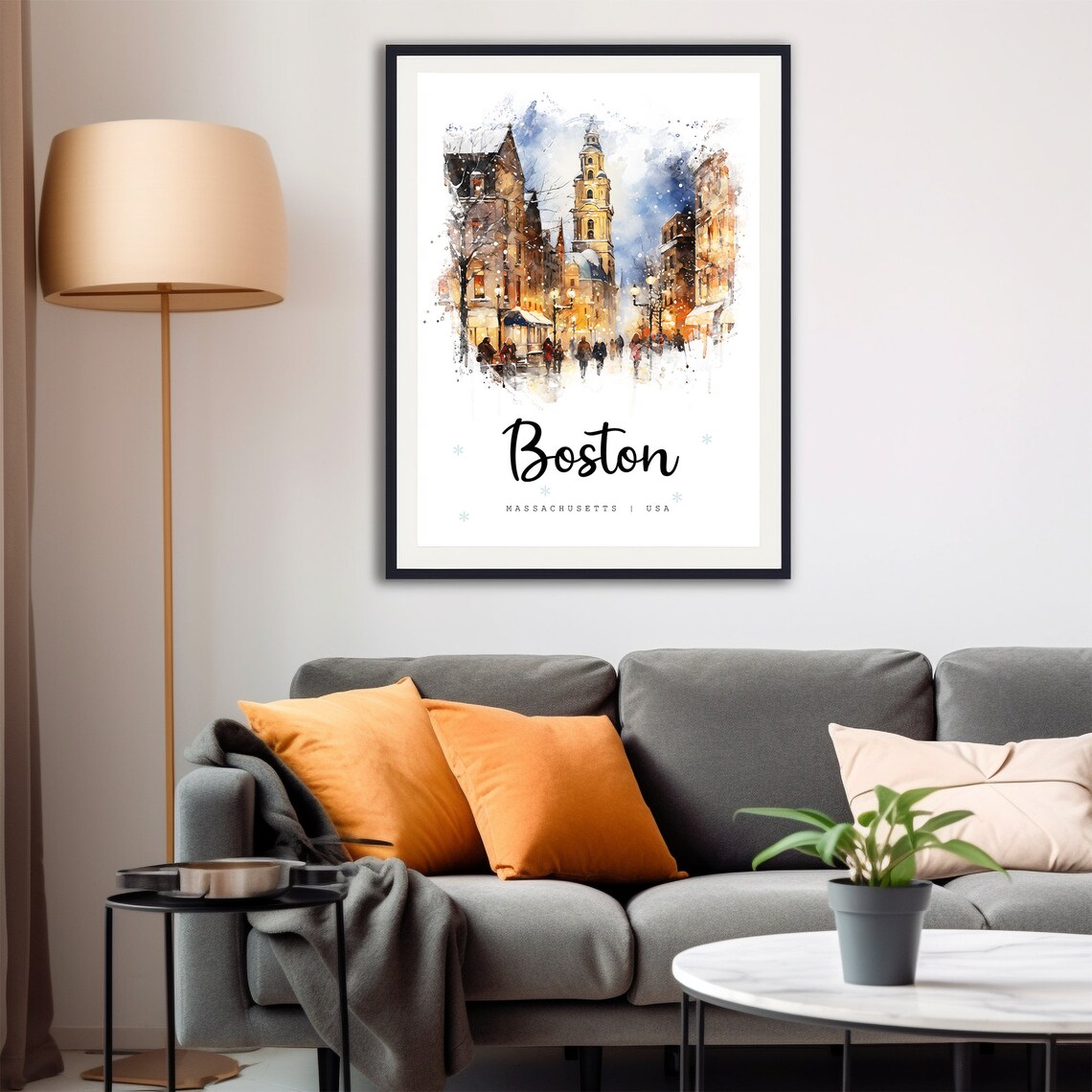 Boston Massachusetts Snowy Evening Watercolor Street Travel Poster - Image 4