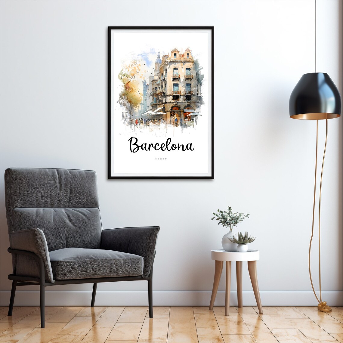 Barcelona Spain Street Scene Watercolor Travel Poster Cafe Corner - Image 4