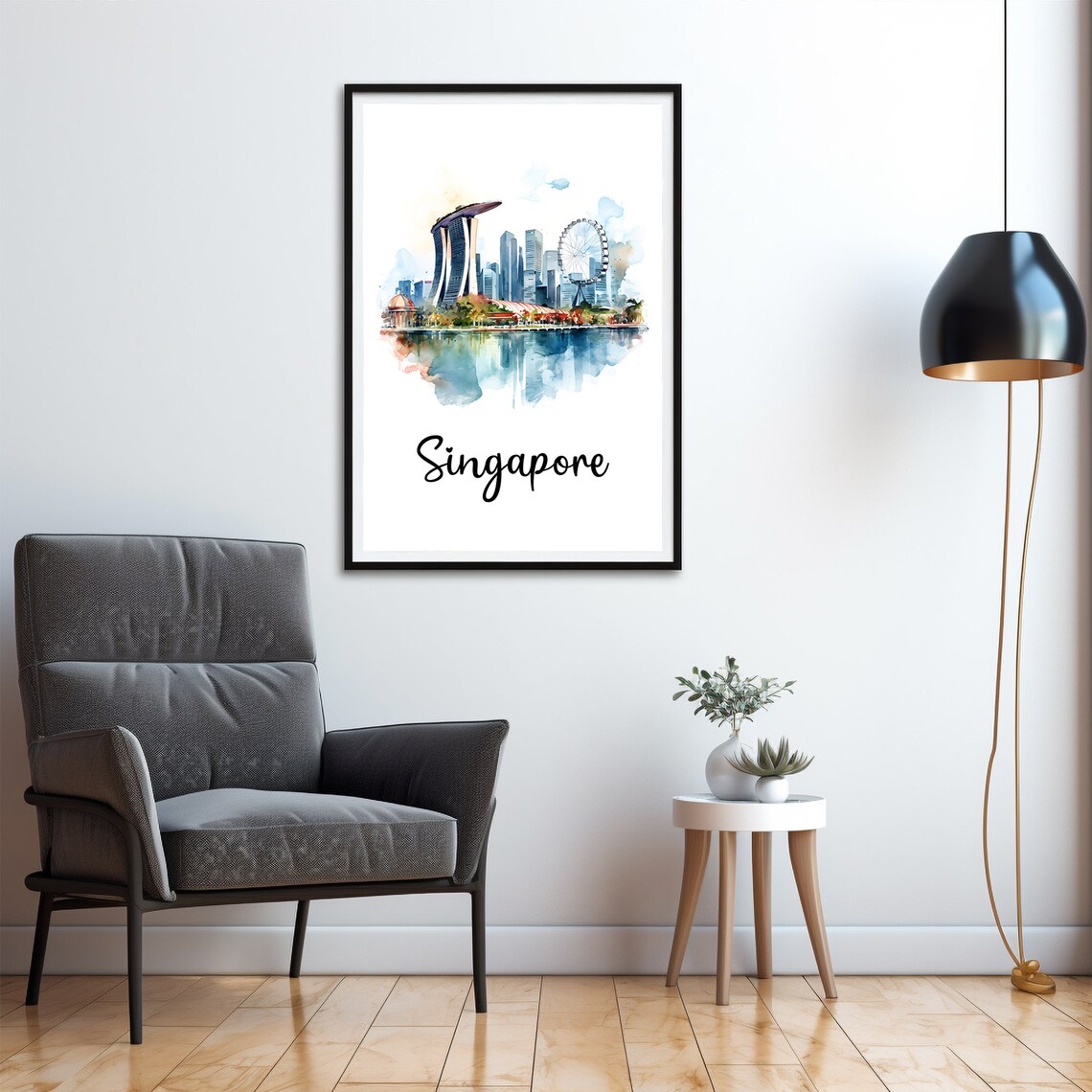 Singapore Skyline Watercolor City Travel Poster Marina Bay Art - Image 4