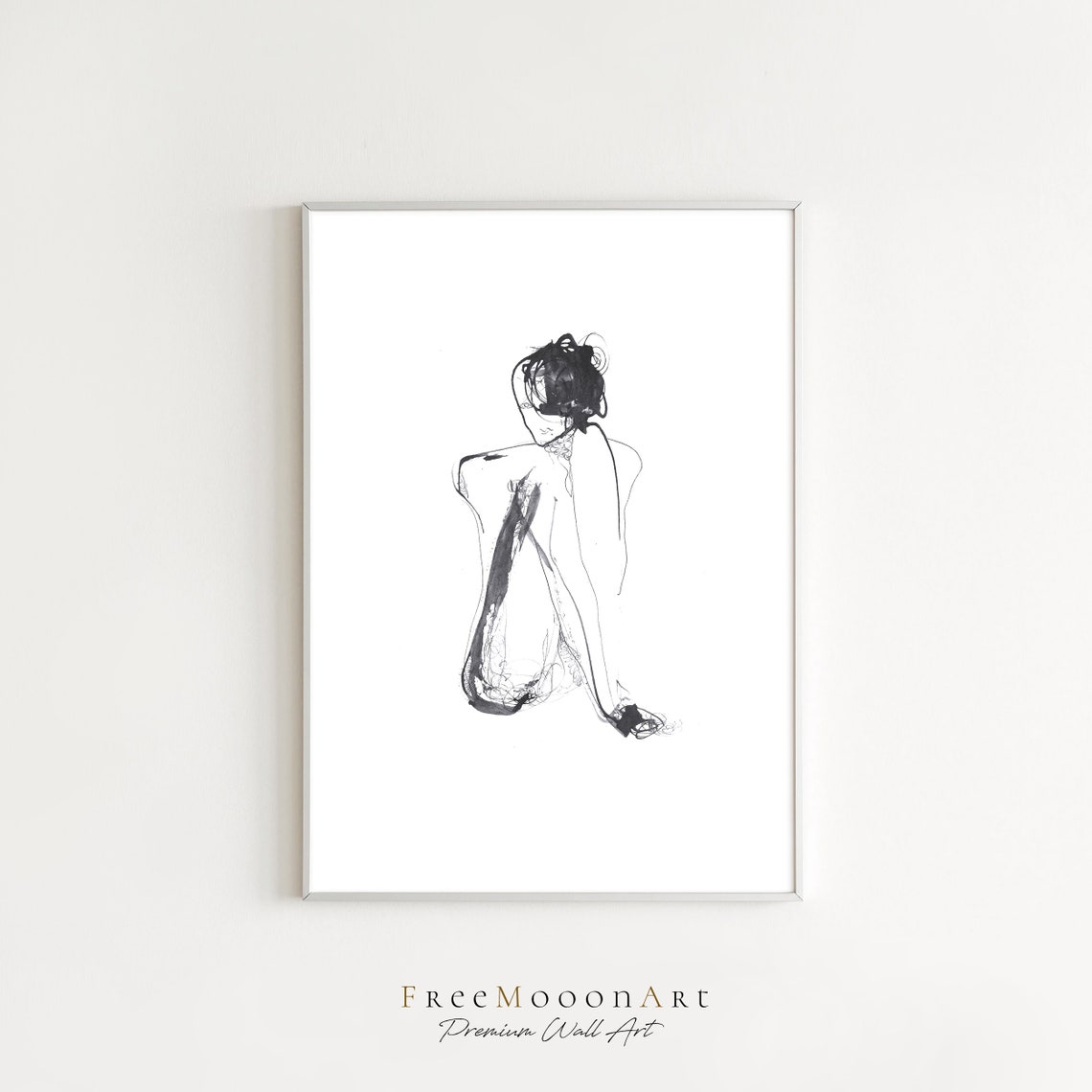 Small Monochrome Ink Sketch Seated Nude Figure Line Art Poster
