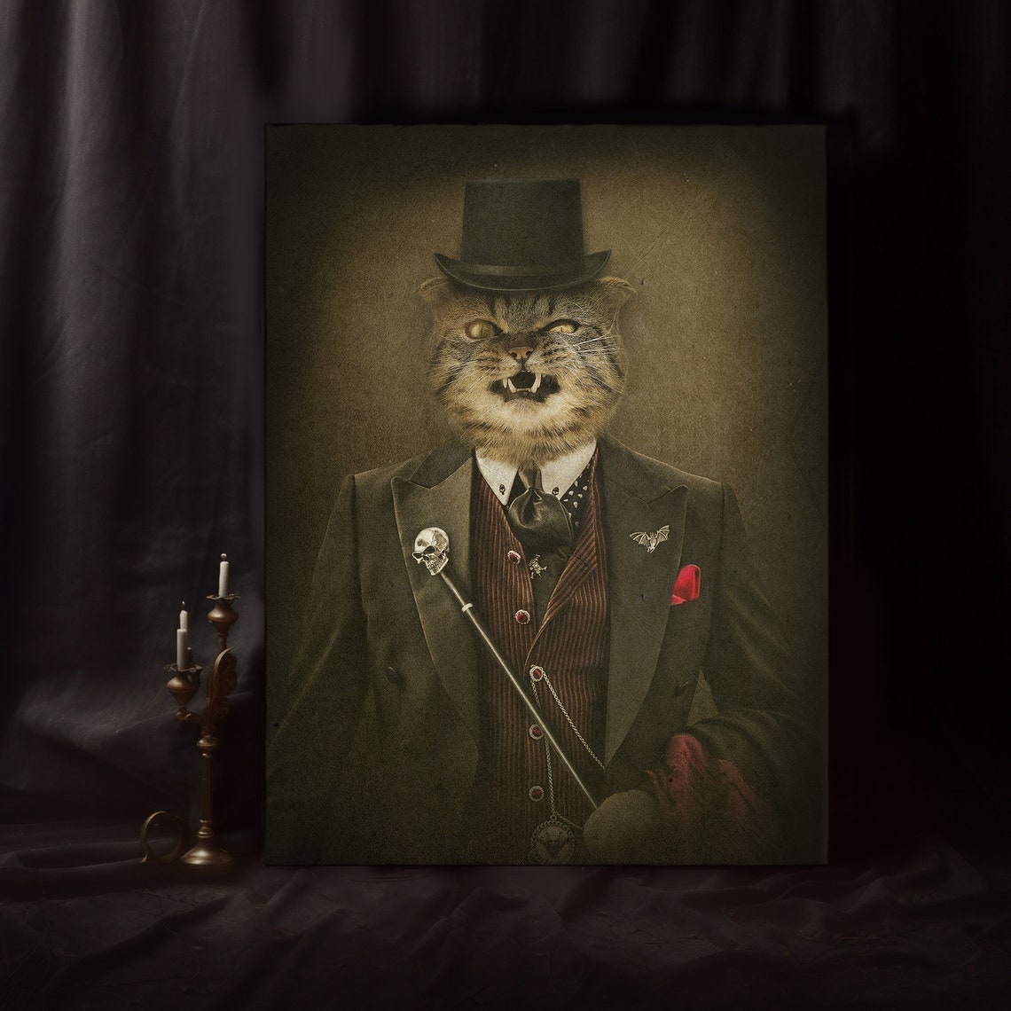 Vampire Tabby Cat in Top Hat Funny Halloween Pet Portrait Poster