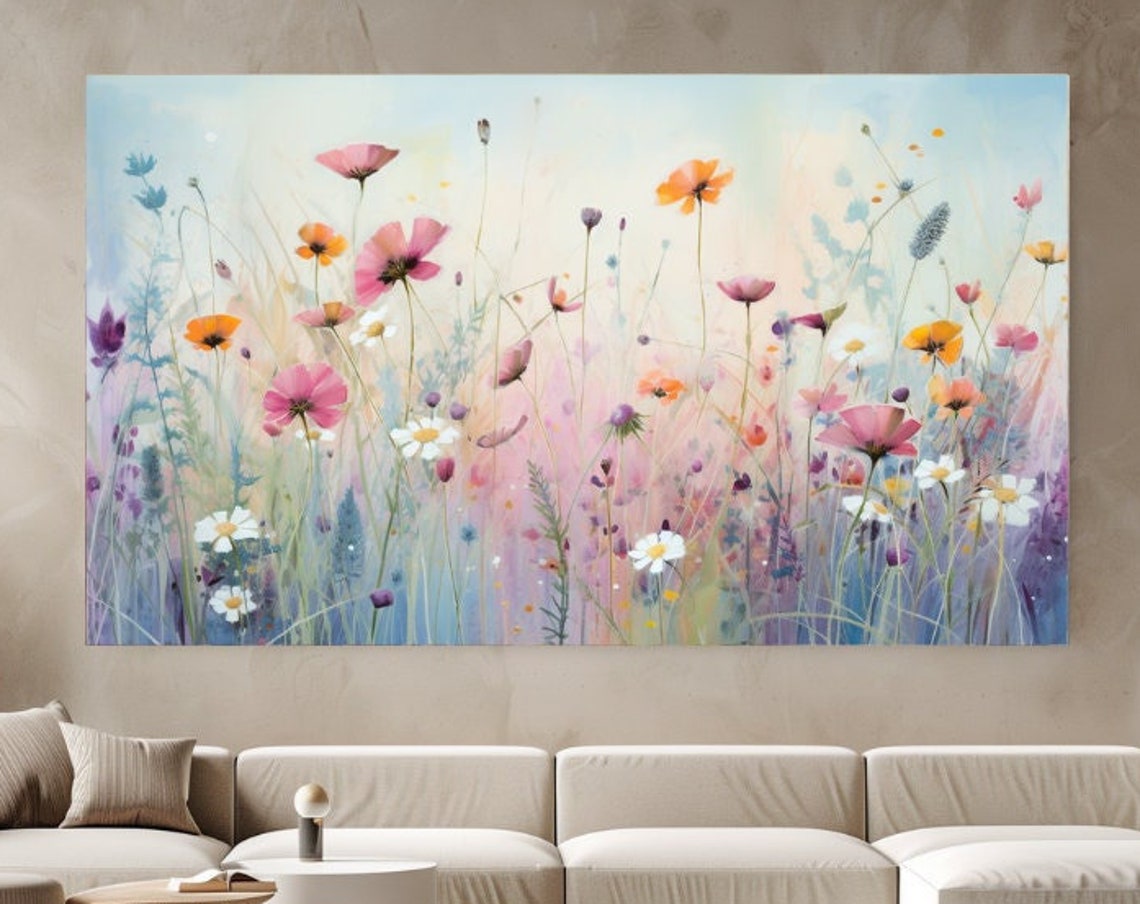 Pastel Wildflower Meadow Watercolor Soft Blooms Bedroom Wall Art