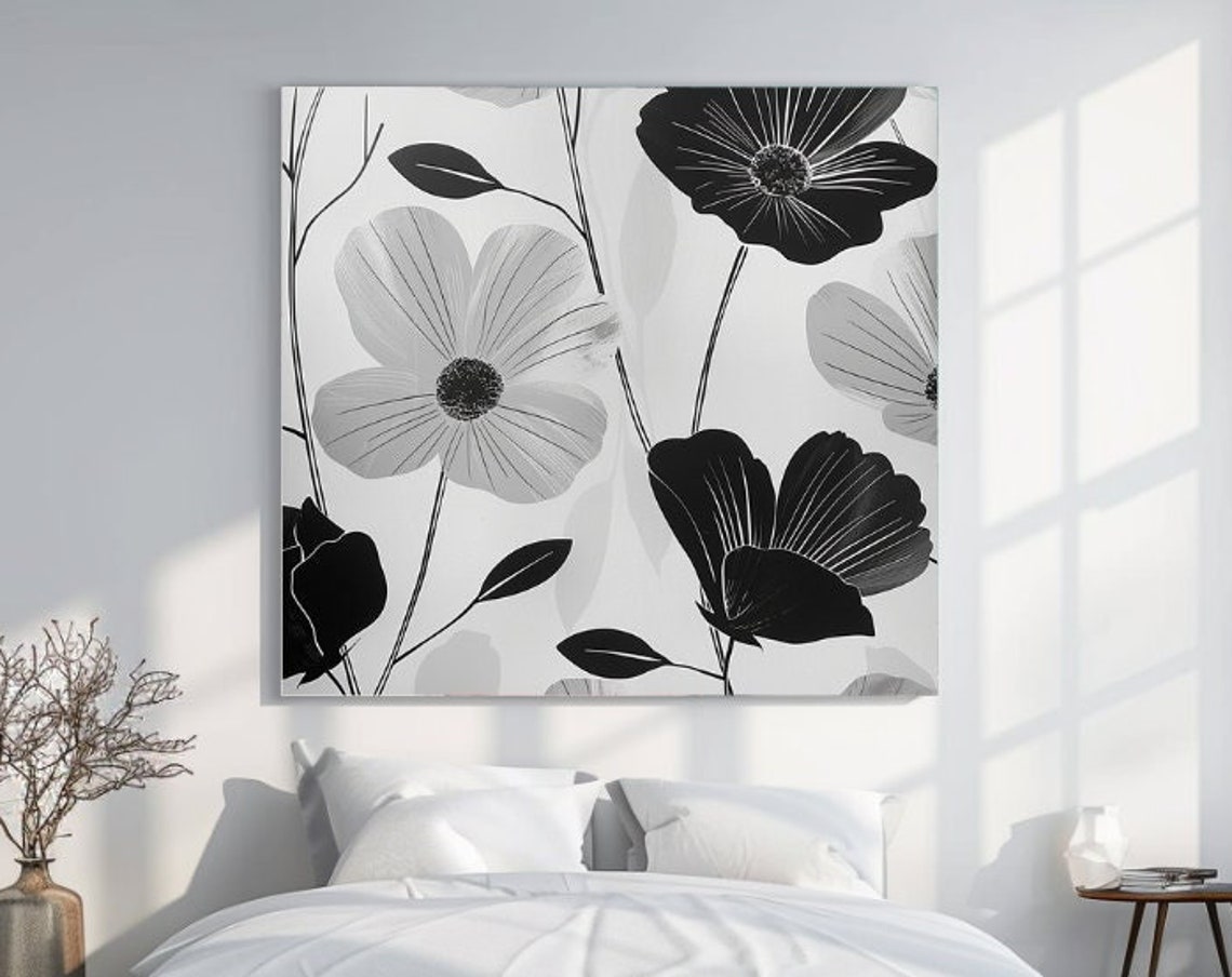 Black And White Stylized Flowers Modern Botanical Minimalist Wall Art