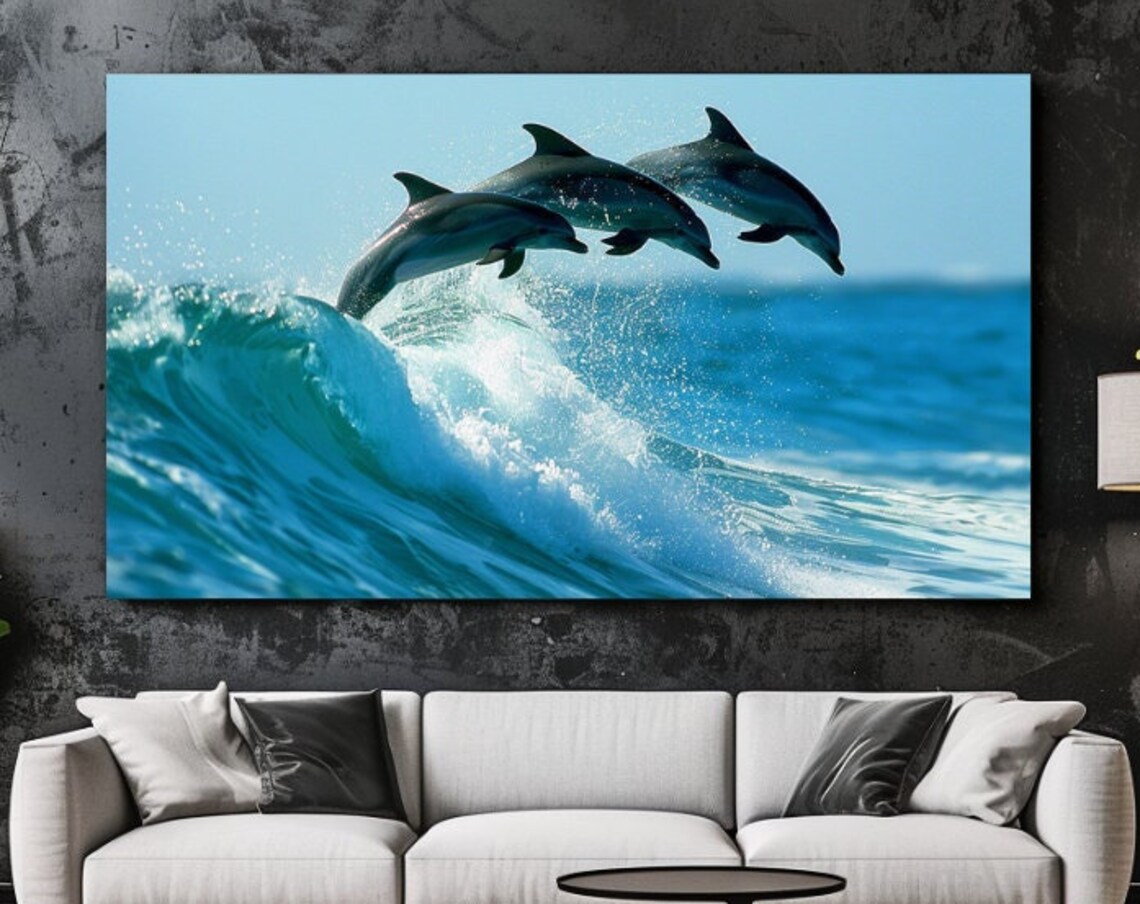 Dolphins Leaping Ocean Wave Blue Sea Wildlife Marine Photography Poster
