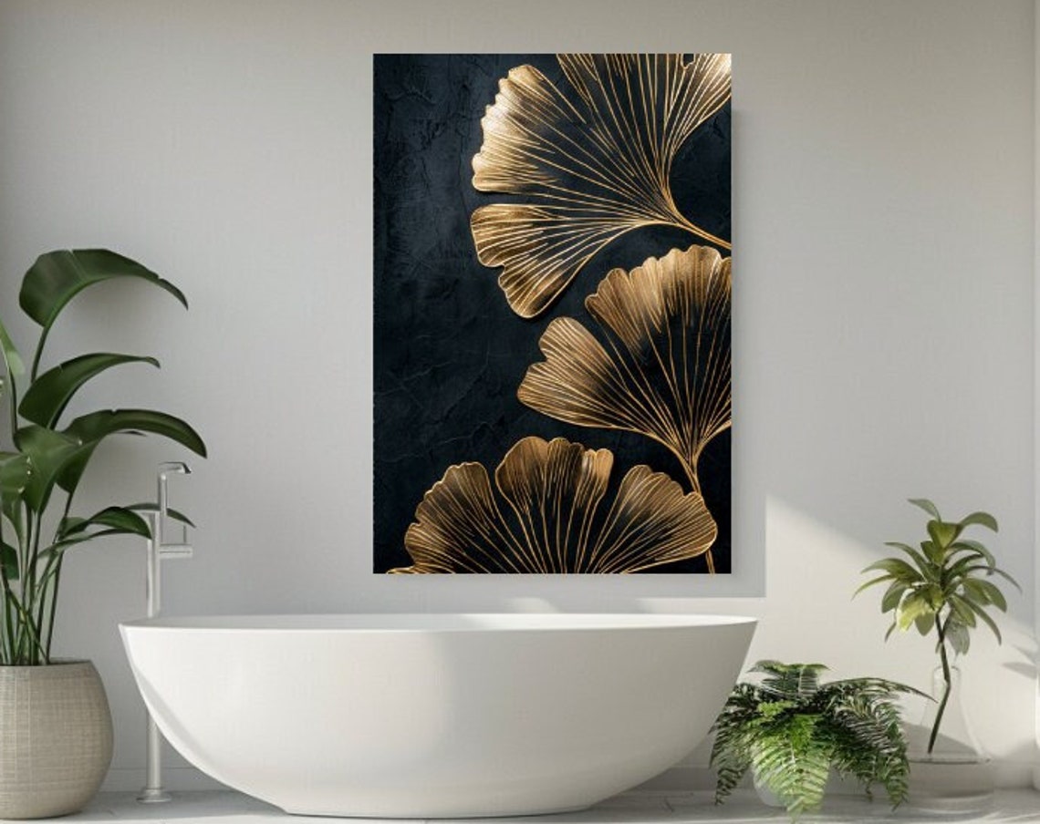 Golden Ginkgo Leaves On Black Art Deco Botanical Luxury Poster